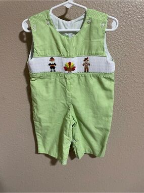 Classic Whimsy Green Smocked Kids Thanksgiving Romper